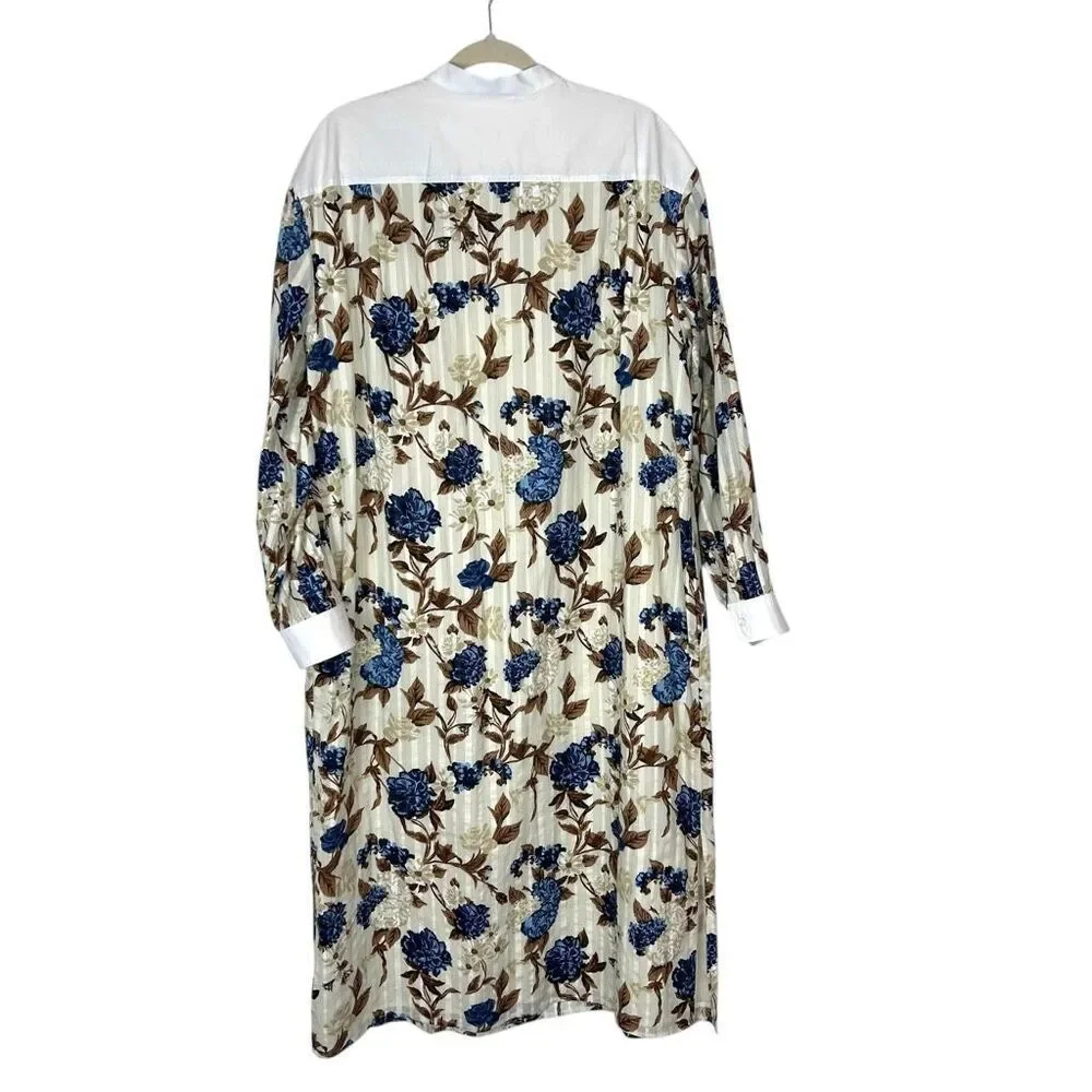 Tory Burch Dress XL Floral Tunic Midi Shirtdress Round Neck Long Sleeve Toile